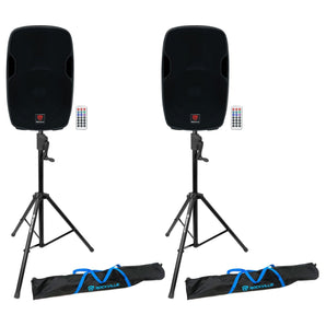 (2) Rockville BPA15 15" Powered 800 Watt DJ PA Speakers+Crank-Up Speaker Stands