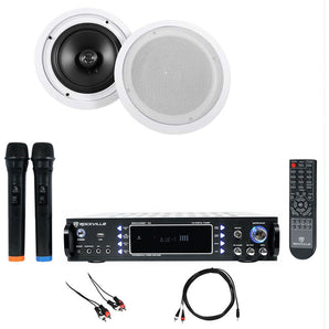 Rockville RPA70WBT Bluetooth Karaoke Amp/Mixer+(2) 8" Ceiling Speakers+Mics