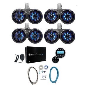 (4) KICKER 45KMTDC65 Dual 6.5" Marine Wakeboard Tower LED Speakers+Receiver+Amp