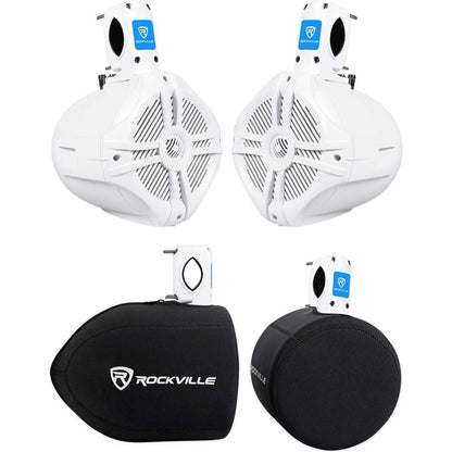 Pair Rockville RWB65W 6.5" White 250 Watt Marine Wakeboard Tower Speakers+Covers