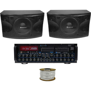 Pair Rockville KPS12 12" 3-Way 1600w Karaoke Speakers+Bluetooth Amplifier Mixer + Rockville R14GSBR100 Red/Blk 14 Gauge 100' Ft. Mini Spool Car Audio Speaker Wire