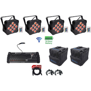 4) Rockville BEST PAR 60 Rechargable Wash Lights w/ Wireless DMX+Bags+Controller