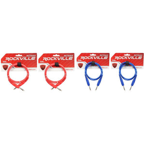 4 Rockville 3' 1/4'' TRS to 1/4'' TRS Cable 100% Copper (2 Red and 2 Blue)