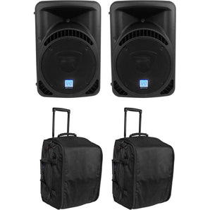 2 Rockville RPG12BT 12" Powered Bluetooth DJ Wireless Link Speakers+Rolling Bags