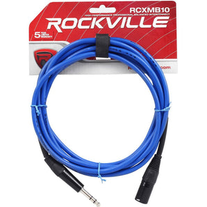 Rockville RCXMB10BL 10' Male REAN XLR to 1/4'' TRS Cable Blue 100% Copper