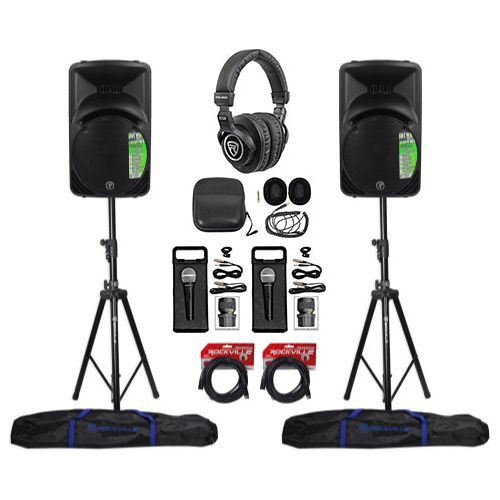 (2) SRM450V3 1000W 12in PA Speaker Bundle with Hydraulic Stands, Mics & Headphones