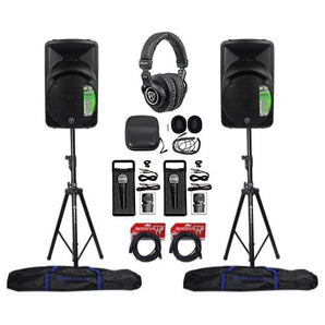 (2) New Mackie SRM450-V3 12" Powered Speakers+Hydraulic Stands+Headphones+Mics