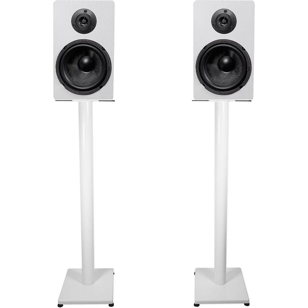 RockShelf 64W White 6.5" Home Bookshelf Speakers w/37" Stands