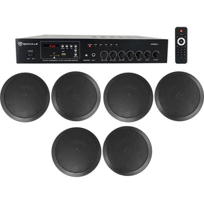 1-Zone Home Audio Receiver+(6) Black Ceiling Speakers For Bedroom/Living Room