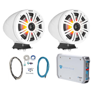 2) KICKER KMFC65 6.5" 195w White Marine LED Surface Mount Speakers+Amp+Wire Kit
