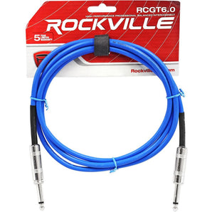 Rockville RCGT6.0BL 6' 1/4'' TS to 1/4'' TS Instrument Cable-Blue 100% Copper