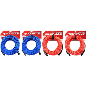 4 Rockville 50' Female to Male REAN XLR Mic Cable (2 Red and 2 Blue)