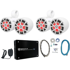 2) Rockville RKL80MW Dual 8" Marine White Wakeboard LED Speakers+Amplifier+Wires
