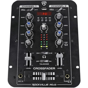 Rockville RDJ2 2 Channel DJ Mixer with USB, Cue Monitor, Talkover, 4 Line Inputs