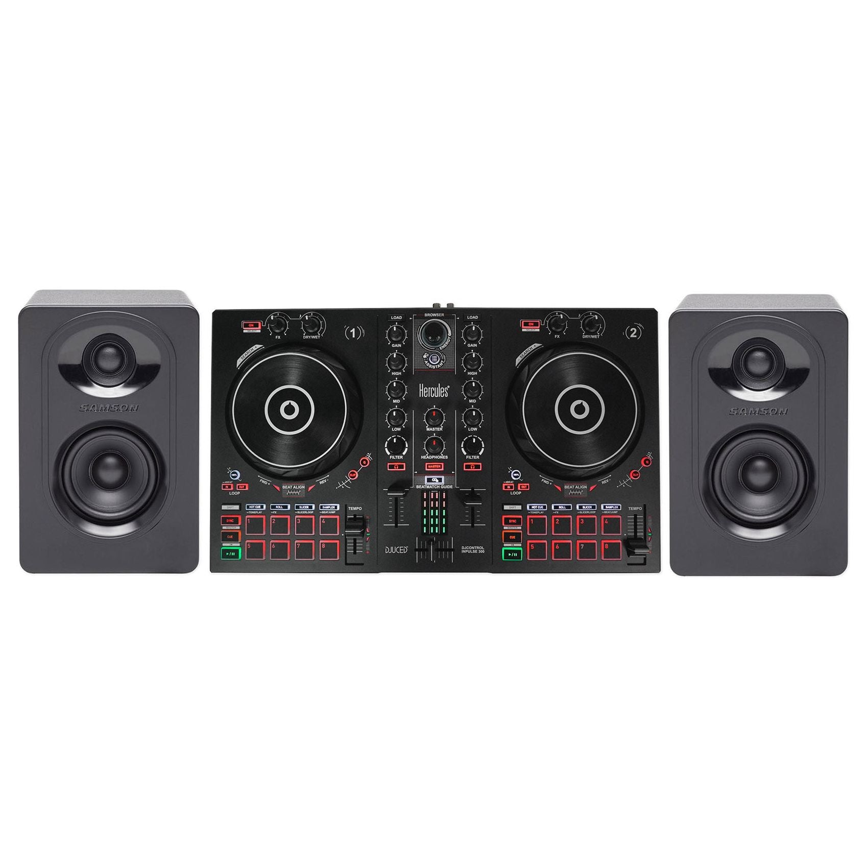 Hercules DJ CONTROL INPULSE 300 8-Pad DJ Controller w/Sound  Card+Headphones+Mic - Rockville Audio