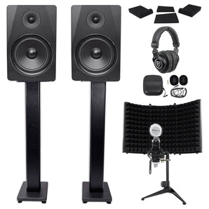 2) Rockville DPM8B 8" 600w Studio Monitors+36" Stands+Headphones+Mic+Shield