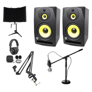 (2) Rockville DPM10B 10" Powered Studio Monitors+Headphones+Mic+Shield+Stand