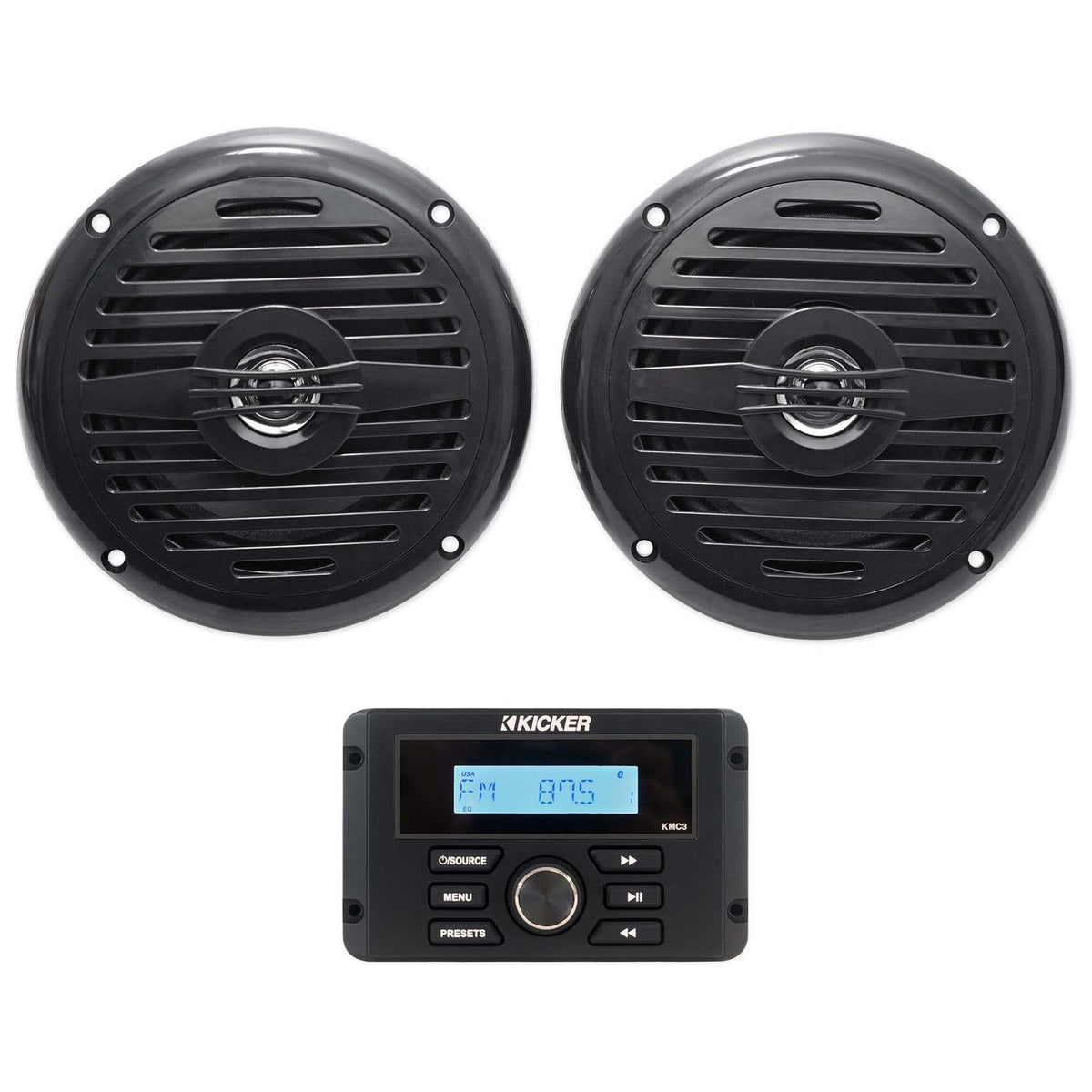 KICKER KMC3 Gauge Hole Digital Media Bluetooth Receiver+(2) 5.25" Black Speakers