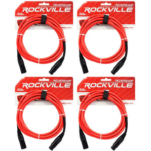 4 Rockville RCXFM10P-R Red 10' Female to Male REAN XLR Mic Cables 100% Copper