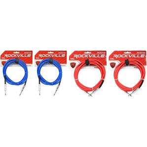 4 Rockville 10'  1/4" TS to 1/4'' TS Guitar/Instrument Cable (2 Red and 2 Blue)