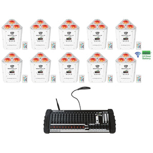 10) Rockville RockWedge White LED Battery Lights+384 Ch. Wireless DMX Controller