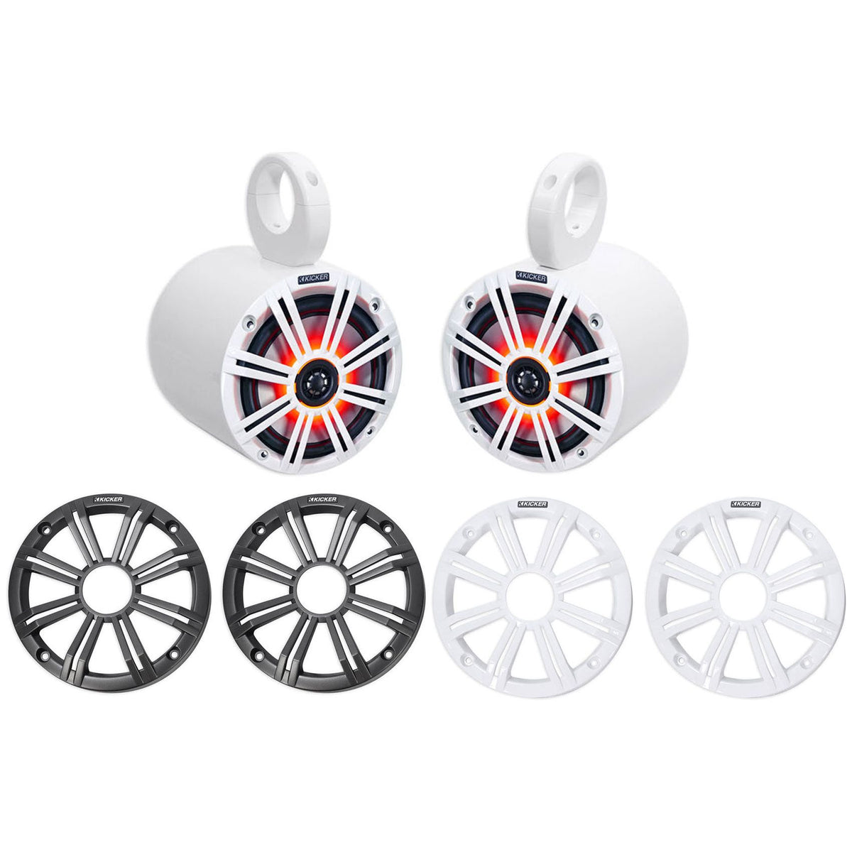 Pair KICKER 45KM654L 6.5" 390w White Marine Wakeboard Tower LED Boat Speakers