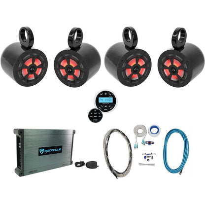 (4) RKL65MBW 6.5" Marine Boat Wakeboard Tower LED Speakers+Amp+Receiver