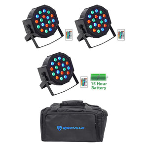 (3) Rockville BATTERY PAR 50 Rechargeable LED DMX DJ Wash Up-Lights+Remotes+Bag