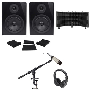 2) Rockville 5.25" 250w Powered Studio Monitors +Mic+Headphones+Stand+Shield+Pads