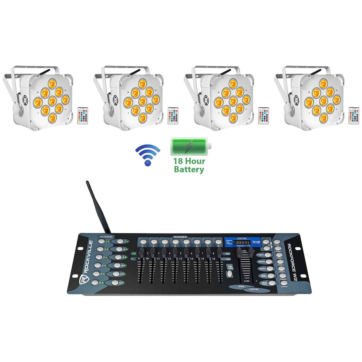 (4) BEST PAR 60 White Rechargeable Wash Lights w/Wireless DMX Controller