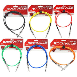 6 Rockville 3'  1/4" TS to 1/4'' TS Guitar/Instrument Cable (6 Colors)