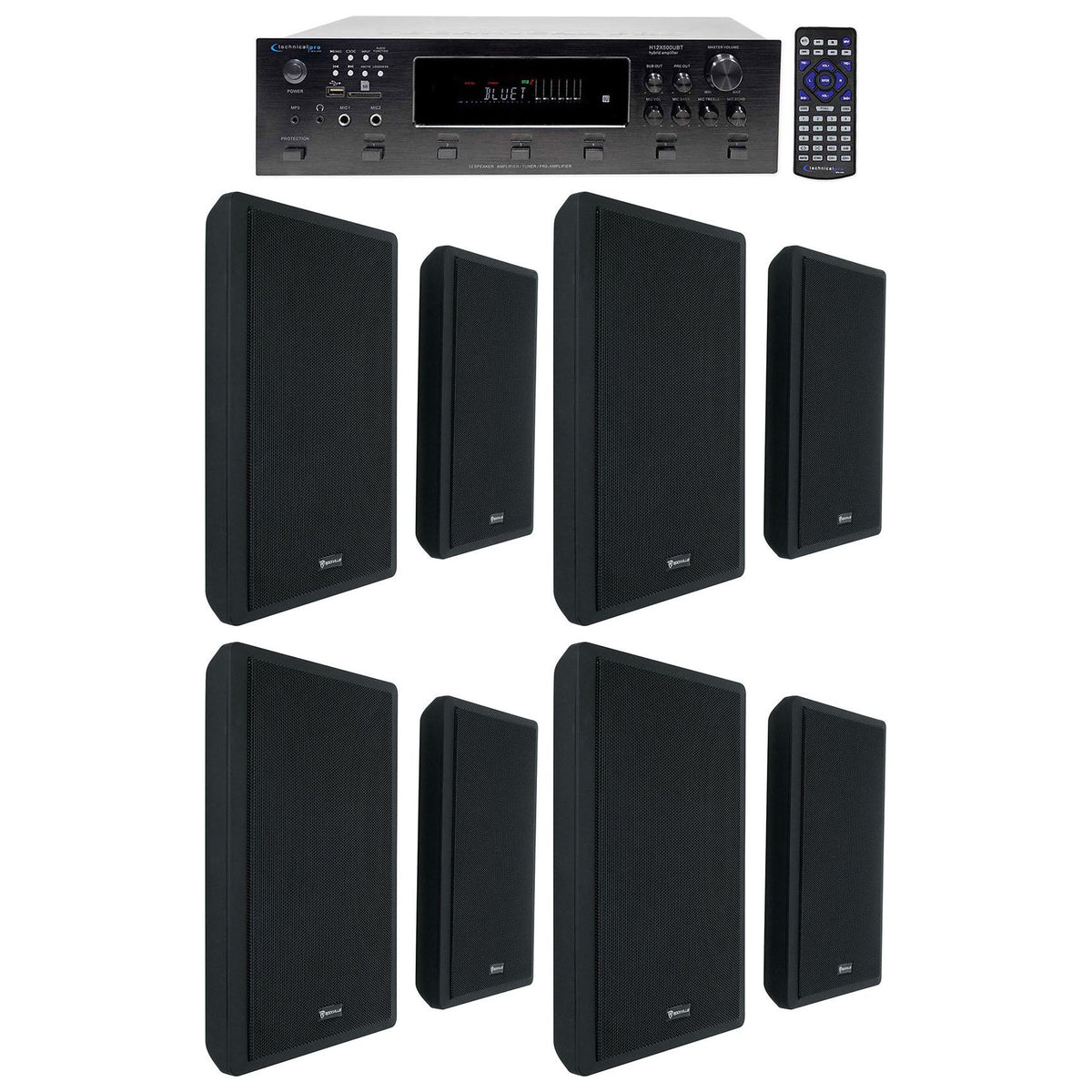 H12X500UBT 6-Zone Receiver & 4x RockSlim Black 5.25" Speaker Bundle