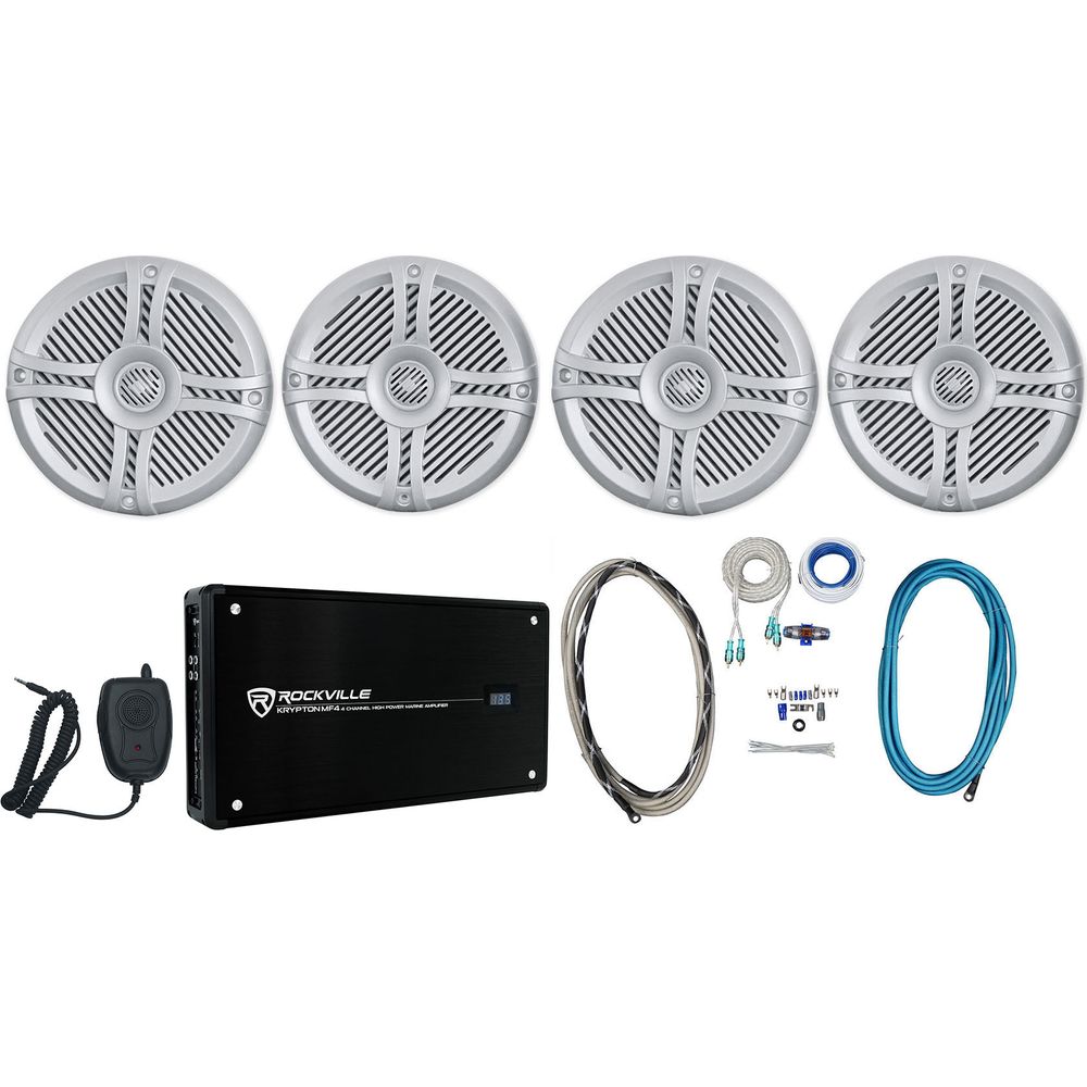 RMSTS65S Silver 6.5" Marine Speakers 4-Pack + KRYPTON MF4 Amplifier Bundle
