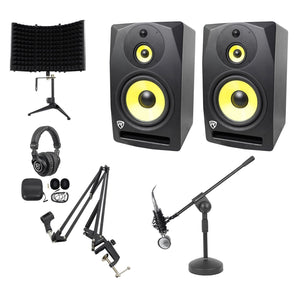 (2) Rockville DPM10B 10" 800w Active Studio Monitors+Headphones+Shield+Mic/Stand