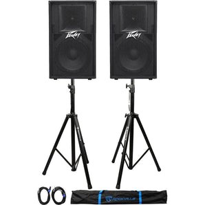 2)  Peavey PV 115 800 Watt 15" 2 Way Speakers+2) Stands+2) Cables+Carry Case