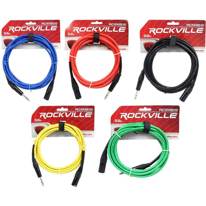 5 10' Male XLR to 1/4" TRS Cables 100% Copper (Black, Blue, Red, Yellow, and Green)
