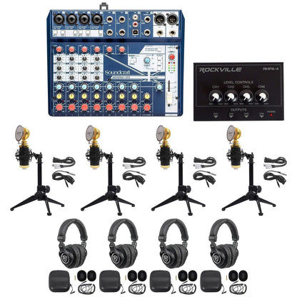 4-Person Podcast Recording Kit With Mics, Headphones, Tripods