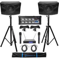 KPS12 12" Karaoke Speakers 2-Pack + RPM85 Mixer + Stands + Wireless Mics Bundle