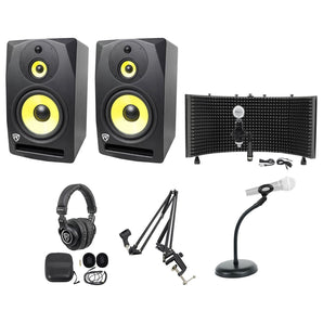 (2) Rockville DPM10B 10" 800w Active Studio Monitors+Headphones+Mic+Shield with Stand