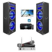 (2) VRTX215LED Dual 15" 1800W LED Karaoke Speakers w/Receiver & (2) Wireless Mics