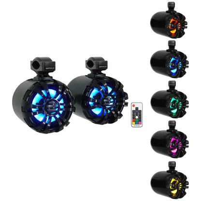 4 WB65KLED 6.5" LED Black Marine Wakeboard Swivel Tower Speakers+Radio