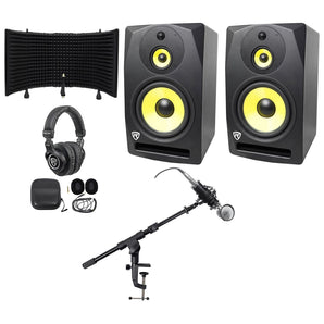 2) Rockville DPM10B 10" 800w Active Studio Monitors+Headphones+Mic+Shield w/ Stand