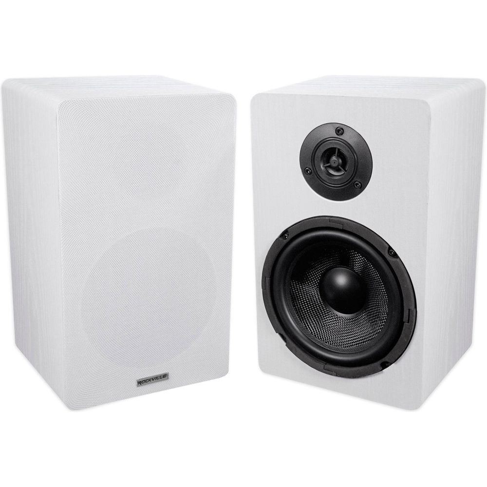 RockShelf 68W White 6.5" Home Bookshelf Speakers + 8" Desktop Stands