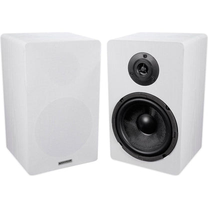 RockShelf 68W White 6.5" Home Bookshelf Speakers + 29" White Stands