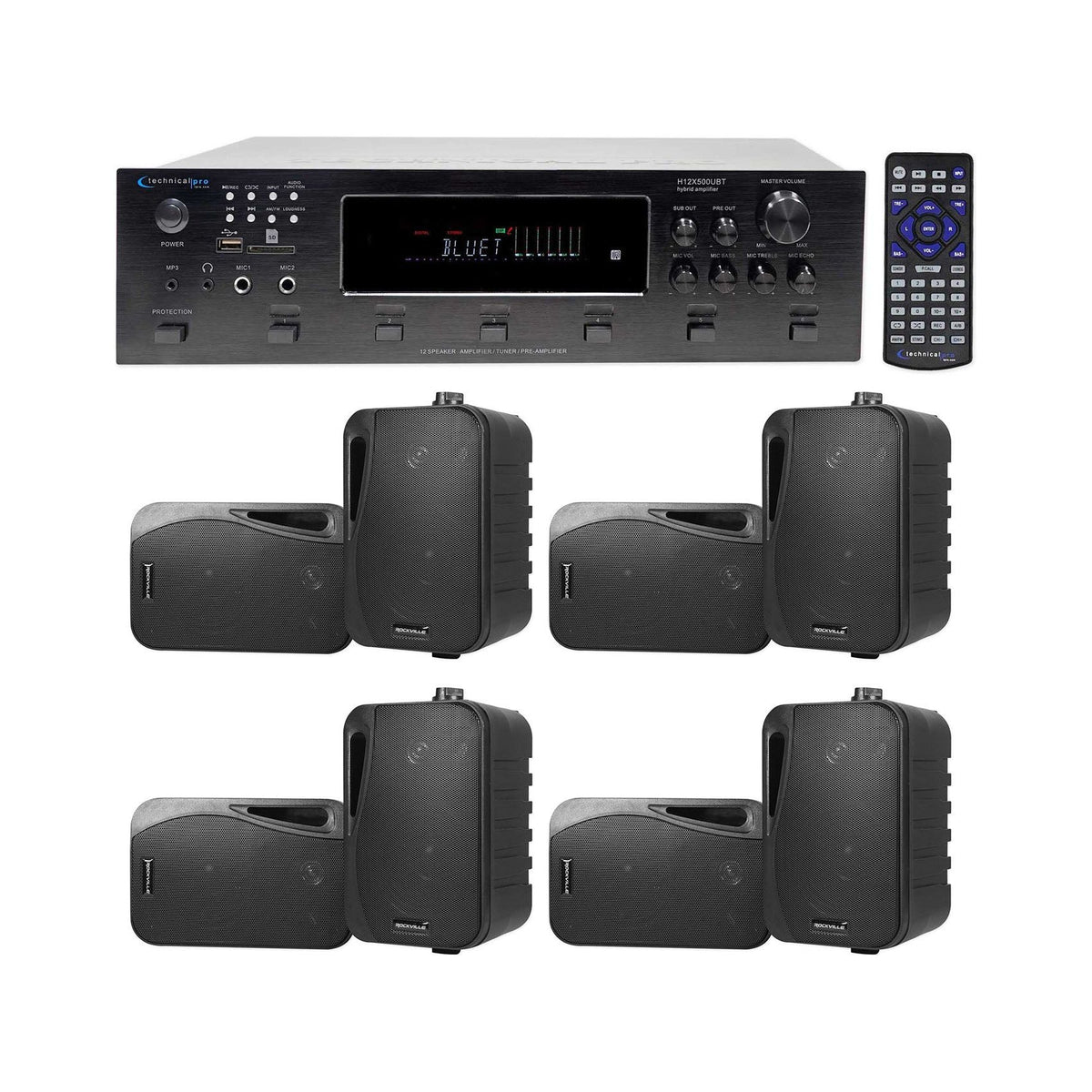 H12X500UBT 6-Zone Receiver & 4x HP4S-8 Black 4" Speaker Bundle