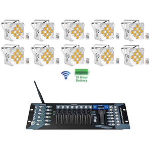 10 Rockville BEST PAR 60 White Rechargeable Wash Lights+Wireless DMX Controller