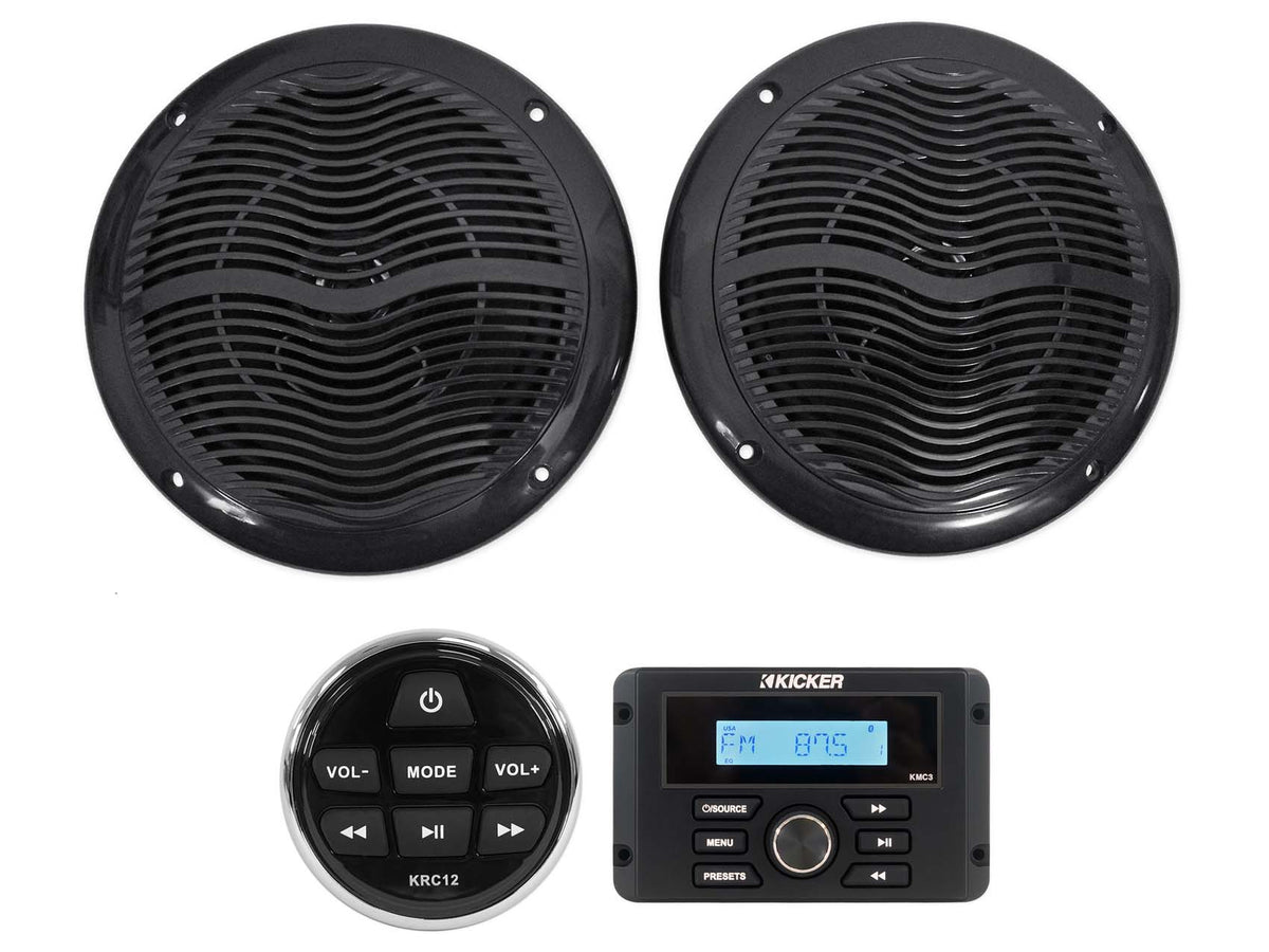 KICKER KMC3 Digital Media Receiver w/Bluetooth+Remote+(2) 6.5" Black Speakers