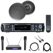 1000W Karaoke Bluetooth Amp/Mixer +(2) Black Ceiling Speakers+Wireless Mics