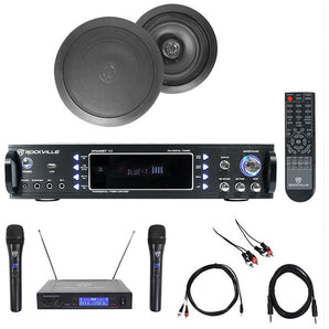 1000w Karaoke Bluetooth Amp/Mixer +(2) Black Ceiling Speakers+Wireless Mics