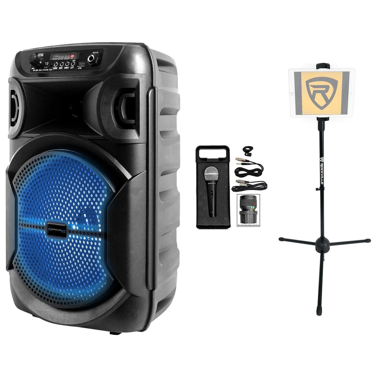 Technical Pro Rechargeable 8" LED Karaoke Machine Speaker System w/Bluetooth+Mic